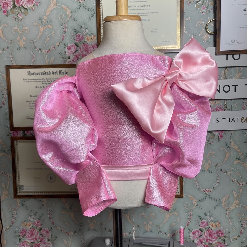 Girls' Pink Satin Puff-Sleeve Top with Large Bow